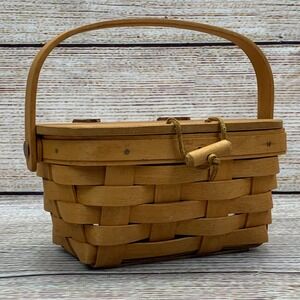 Longaberger Wicker Basket with Lid and Handle Vintage Picnic Storage Decor